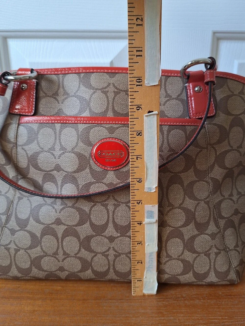 Coach Signature Coated Canvas Shoulder Bag Monogram Tote Coral Leather Trim